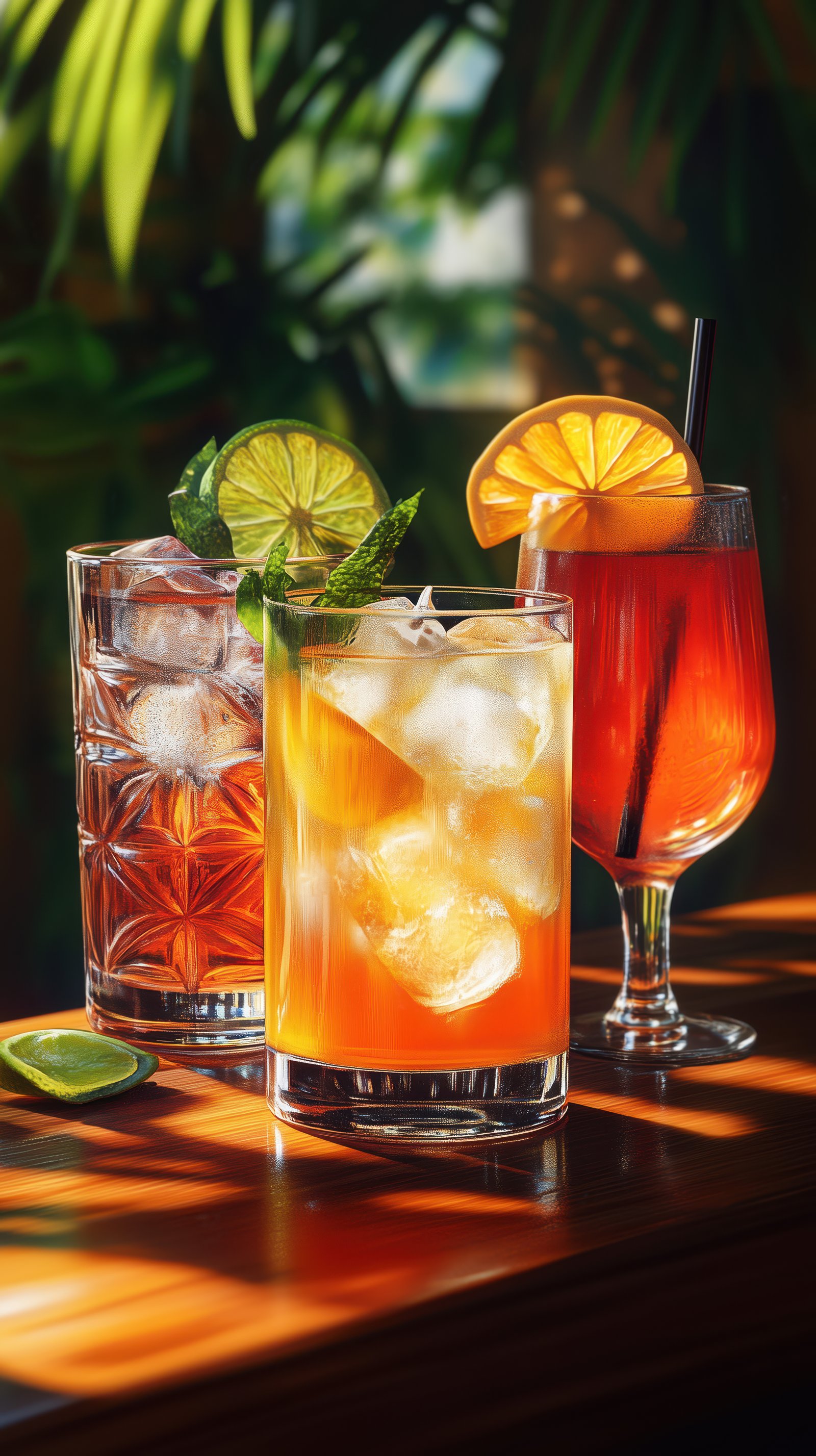 Colorful cocktails served in sunny tropical setting at a bar during daytime with garnishes and ice
